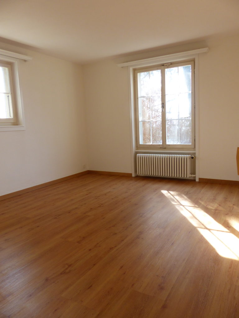 Pièce à vivre rénovée en vinyle HDF-liège chêne naturel, maison à Vers-chez-les-Blanc