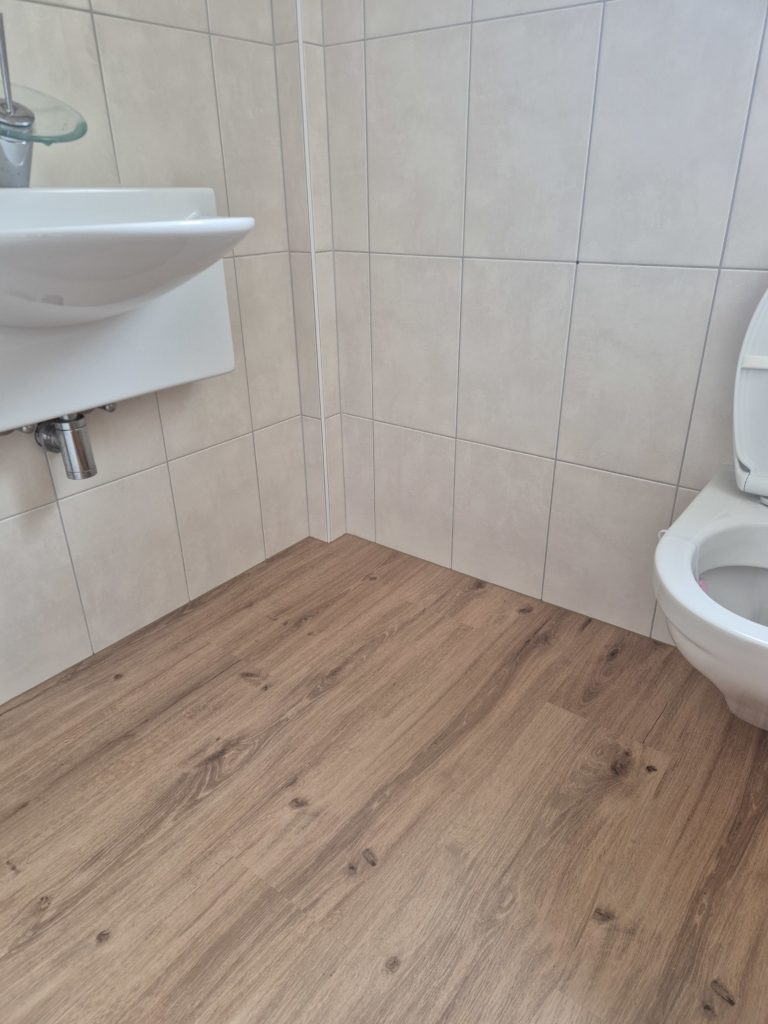 Toilettes en vinyle HDF-liège décor chêne brun, maison à Etagnières